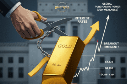A visual metaphor showing a large gold bar resting on a stone pedestal with a bullish price chart rising behind it. A giant hand, representing the Federal Reserve, is cutting a chain that links the gold bar to the words "INTEREST RATES" using a pair of scissors. Text on the image reads: "FED POLICY REMAINS THE DOMINANT DRIVER," "ACCUMULATION AT RESISTANCE," and "BREAKOUT IMMINENT?" The chart shows key price levels ($4,133, $4,245–$4,264) and an arrow labeled "GLOBAL PURCHASING POWER (USD WEAKNESS)" pointing upward.