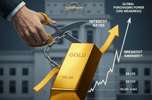 A visual metaphor showing a large gold bar resting on a stone pedestal with a bullish price chart rising behind it. A giant hand, representing the Federal Reserve, is cutting a chain that links the gold bar to the words "INTEREST RATES" using a pair of scissors. Text on the image reads: "FED POLICY REMAINS THE DOMINANT DRIVER," "ACCUMULATION AT RESISTANCE," and "BREAKOUT IMMINENT?" The chart shows key price levels ($4,133, $4,245–$4,264) and an arrow labeled "GLOBAL PURCHASING POWER (USD WEAKNESS)" pointing upward.