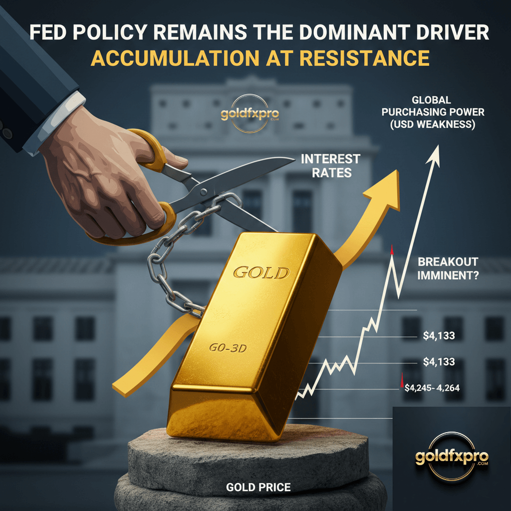 A visual metaphor showing a large gold bar resting on a stone pedestal with a bullish price chart rising behind it. A giant hand, representing the Federal Reserve, is cutting a chain that links the gold bar to the words "INTEREST RATES" using a pair of scissors. Text on the image reads: "FED POLICY REMAINS THE DOMINANT DRIVER," "ACCUMULATION AT RESISTANCE," and "BREAKOUT IMMINENT?" The chart shows key price levels ($4,133, $4,245–$4,264) and an arrow labeled "GLOBAL PURCHASING POWER (USD WEAKNESS)" pointing upward.