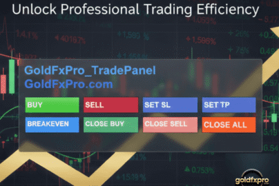GoldFxPro Trade Panel Expert Advisor interface showing one-click buttons for BUY, SELL, SET SL, SET TP, BREAKEVEN, CLOSE BUY, CLOSE SELL, and CLOSE ALL on a financial chart background.