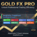 GoldFxPro Trade Panel Expert Advisor interface showing one-click buttons for BUY, SELL, SET SL, SET TP, BREAKEVEN, CLOSE BUY, CLOSE SELL, and CLOSE ALL on a financial chart background.