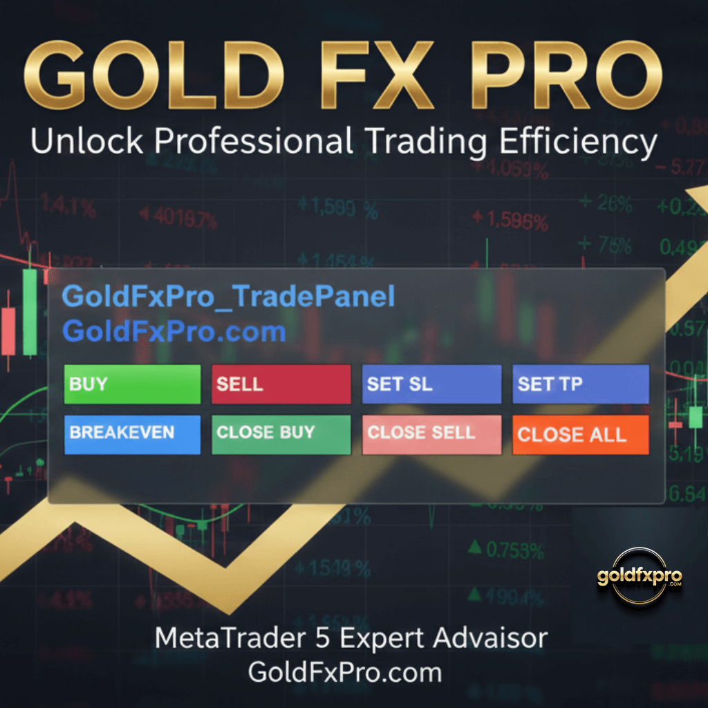 GoldFxPro Trade Panel Expert Advisor interface showing one-click buttons for BUY, SELL, SET SL, SET TP, BREAKEVEN, CLOSE BUY, CLOSE SELL, and CLOSE ALL on a financial chart background.